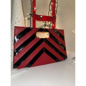Cato Red Black Chevron Stripe Fold Over Clutch Handbag Bag